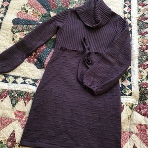Purple knit cowl neck sweater dress with belt